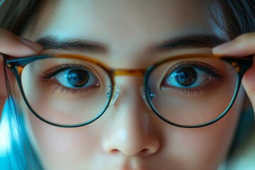 Eye problem concept, fatigue asian young woman tired eyes, irritated rubbing eye dry relief vision pain after work on laptop computer, eye strain, hand holding glasses, suffer migraine, bad