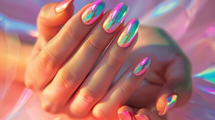 Colorful holographic nails shine with a radiant glow, perfect for trendy beauty showcases.