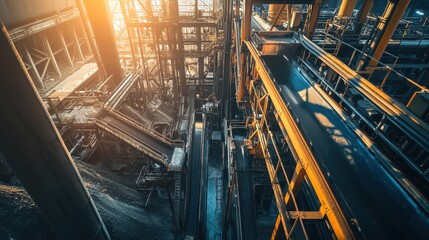 Fototapeta premium Industrial Factory Interior High-Angle View of Conveyor Belts and Metal Structures at Sunset
