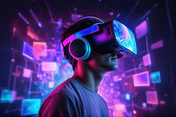 A person wearing an advanced VR headset with neon colors