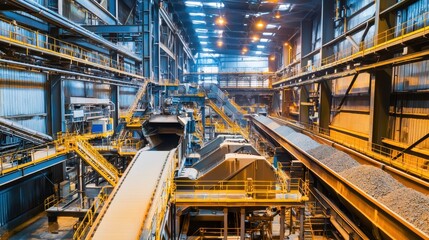 Fototapeta premium Industrial Factory Interior Conveyor Belts and Heavy Machinery in a Modern Manufacturing Plant