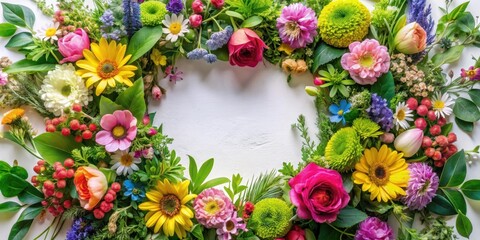 Fototapeta premium Vibrant Spring Border with Mixed Floral Wreath and Greenery, blooming plants, spring