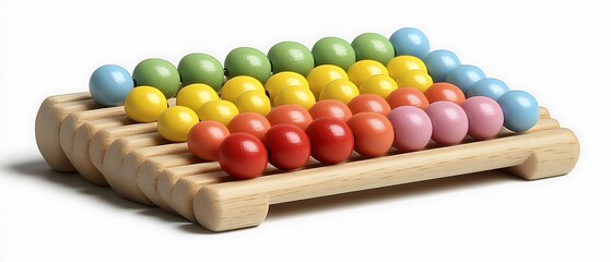 • A petite wooden abacus keychain, with miniature beads on tiny rods, is laid diagonally on a brilliant white plane. The crisp, uniform lighting highlights its playful charm and inherent historical 