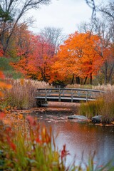Wooden Bridge Over Pond Surrounded By Trees