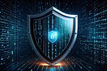 A glowing shield with binary code, symbolizing data security in cyberspace