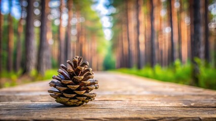 Brown pinecone on wooden background with blurred forest in the distance, isolated pinecone nature wood forest, wood grain