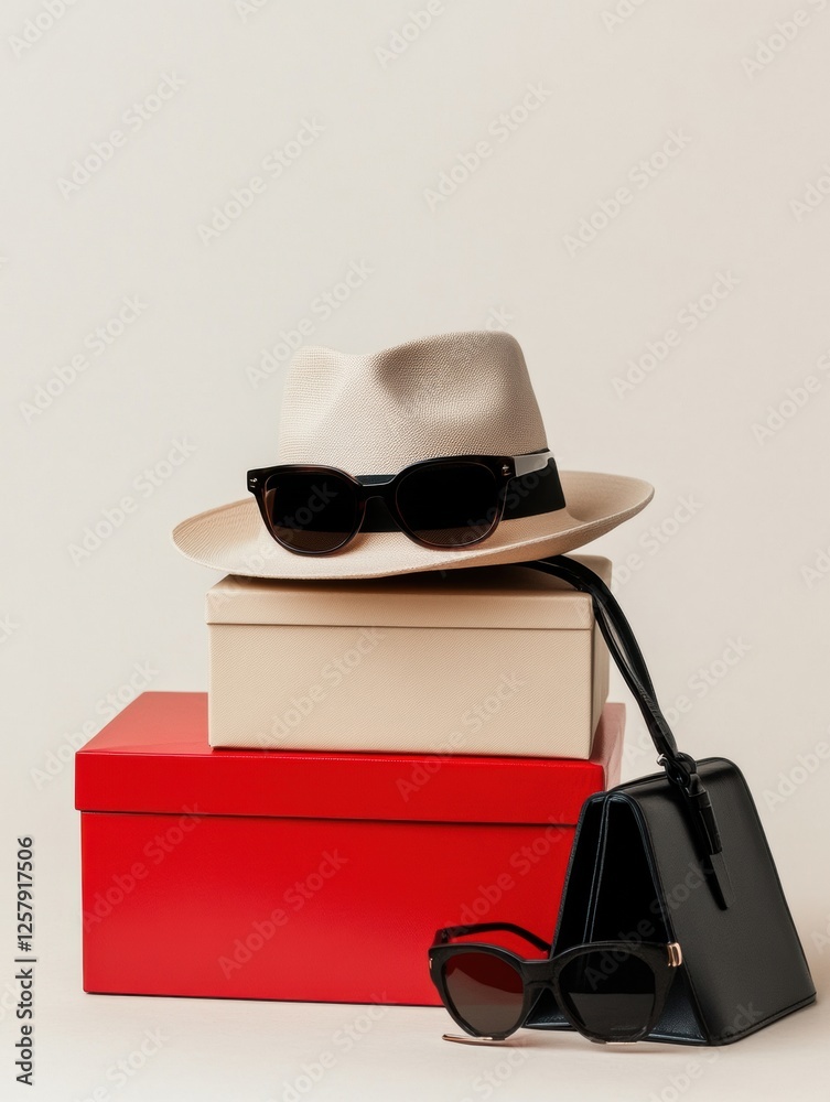 Poster stylish accessories stacked elegantly in minimalist boxes with room for personalized text. generativ