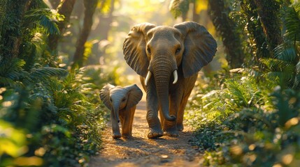 Fototapeta premium Mother Elephant and Calf Walking Through Lush Jungle