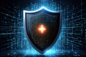 A glowing shield with binary code, symbolizing data security in cyberspace