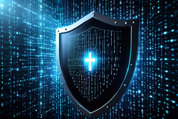 A glowing shield with binary code, symbolizing data security in cyberspace