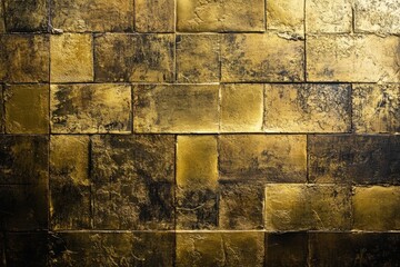 Distressed golden brick wall featuring textures and varying shades