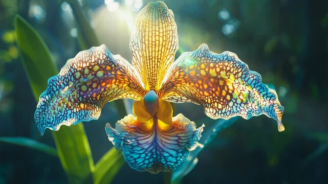 Close up of a vibrant orchid flower with intricate patterns and colors.  Sunlight illuminates the flower, creating a bright and colorful display