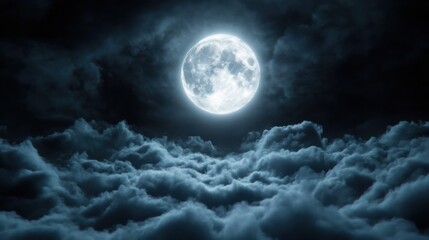 Fototapeta premium A lone wolf howling at the full moon, dramatic clouds partially covering the moonlight, eerie yet mesmerizing, deep contrast between light and darkness, ultra-detailed fur textures