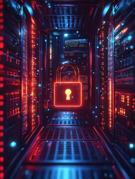 Digital security concept with glowing padlock on server rack