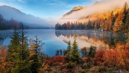 Fototapeta premium Autumn mist reflecting on the lake at sunrise in the mountains