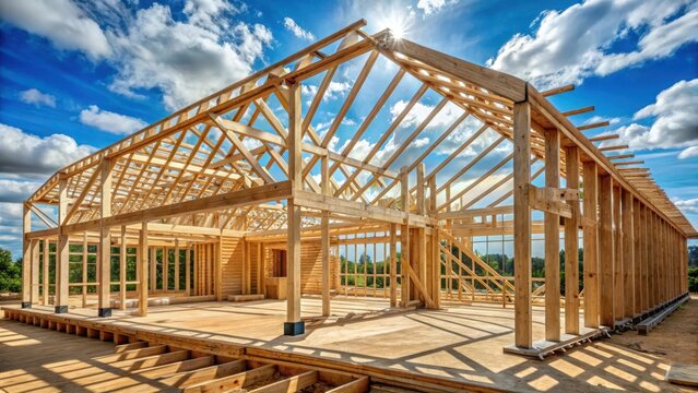 A wooden roof skeleton frame of a building under construction, structure, roof support,  structure, roof support