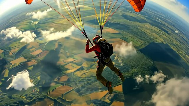 Skydiver with open parachutes, jumping from airplane, free fall, flying in sky, person falling, active extreme sport. Parachutist man. Beautiful aerial landscape.