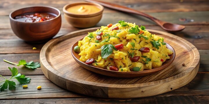 Steaming hot Kanda Batata Poha on a wooden plate with a dollop of spicy chutney and a sprinkle of fresh cilantro , breakfast dish, kandha batata poha