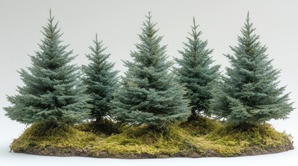 Fototapeta premium Four spruce trees on moss, studio shot, holiday