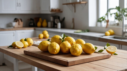 Lemons on a wooden tray in a bright kitchen