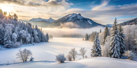 Deep snow-covered mountain landscape with bare trees and frozen lake in the distance, surrounded by dense forest and misty fog, snow-covered mountains, frozen lake