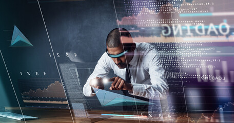 Man, touch and vr with overlay in office for software programming, website update and coding server. Person, programmer and virtual reality with python script, problem solving and system information