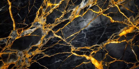 Black marble with yellow veins in a close-up shot, showcasing the unique texture and contrast between the dark background and bright veins , decorative, stone