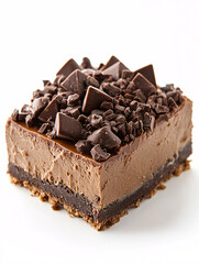 Obraz premium Decadent layered chocolate dessert, featuring a rich, creamy filling and topped with generous chunks and shavings of dark chocolate.