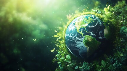 Green Earth surrounded by vibrant foliage and sunlight, symbolizing environmental harmony and sustainability