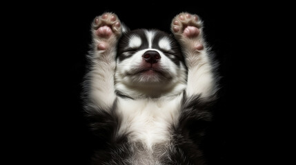 Obraz premium A Husky puppy sleeping on its back, paws up in the air, looking like a fluffy little cloud