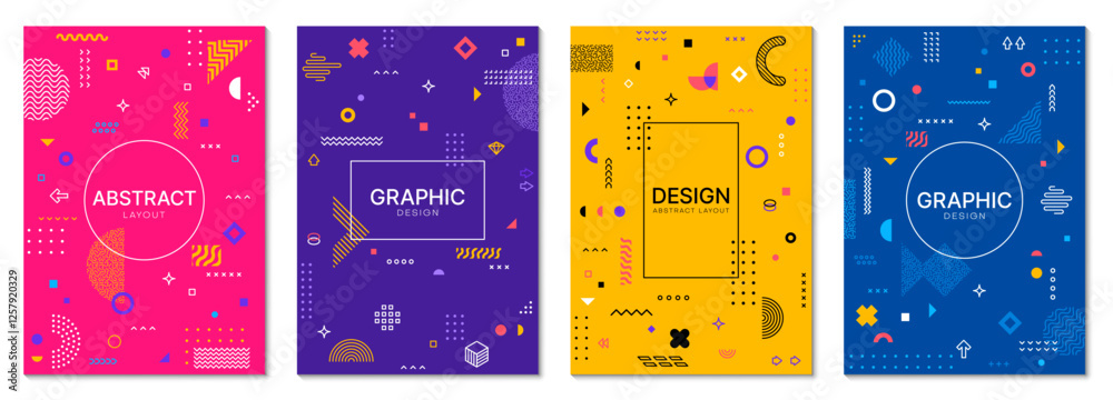 Poster abstract geometric memphis posters. vector backgrounds, vertical covers, layouts or card templates w