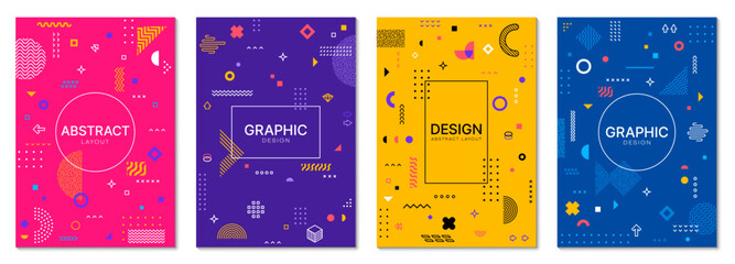 Abstract geometric Memphis posters. Vector backgrounds, vertical covers, layouts or card templates with bold colors and modern playful patterns, dynamic compositions evoke creativity and modernism