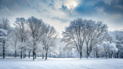 Obraz premium Snow-covered forest with bare trees against grey sky, winter wonderland, forest, winter wonderland, forest