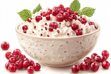Bowl of creamy dessert topped with vibrant red berries and fresh green leaves, some berries scattered around it.