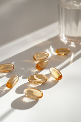 A photo of golden softgels with fish oil on a neutral background, close-up shot. Ideal for concepts related to health, wellness, beauty, self-care, nutrition, and dietary supplements.