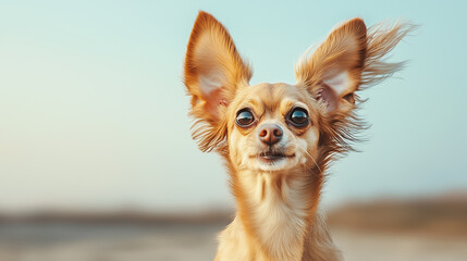 Fototapeta premium A Chihuahua with giant ears, looking surprised and confused as the wind blows them up
