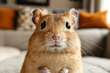 Obraz premium Small brown mouse is staring at the camera. The mouse is on a couch and is looking directly at the camera
