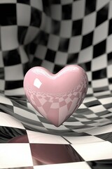 Obraz premium Pink heart on a black and white checkered background retro Valentine's Day card design