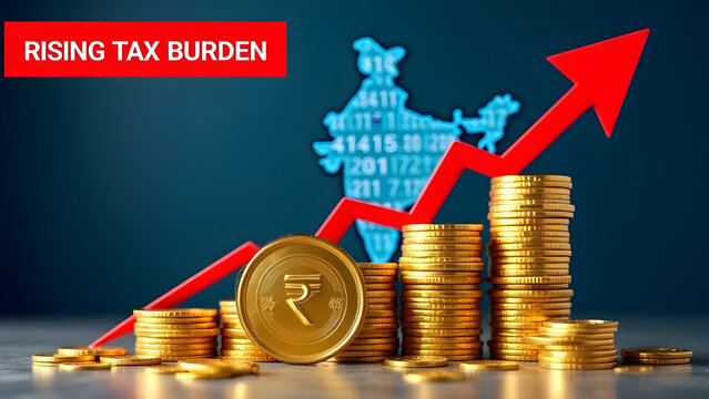 Rising tax burden in India illustration with 3d rupee symbol,India Tax Return, Personal Form, Tax Wooden Blocks, Indian Rupee File, Concept, India Tax System. 
