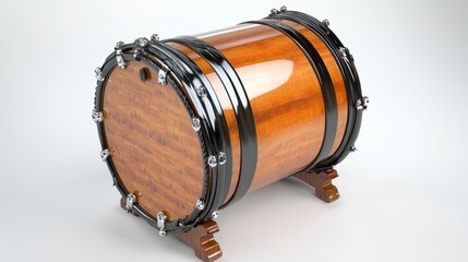 3d model of a wooden barrel, polished light brown wood grain, dark brown bands, small metal studs around the barrel, simple wooden base, studio shot