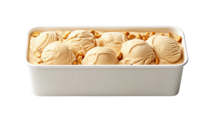 Delicious ice cream in a rectangular tub with nut toppings, white isolate background.