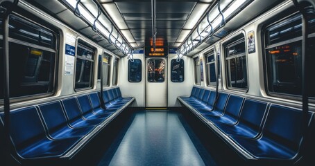 Obraz premium Empty subway car, nighttime city lights, transit system, public transport