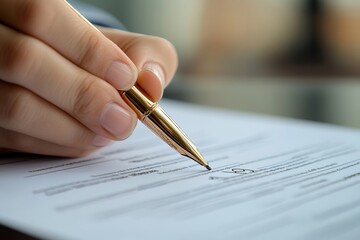 Close up hand of professional accountant review tax paperwork and signing signature on the table in workplace