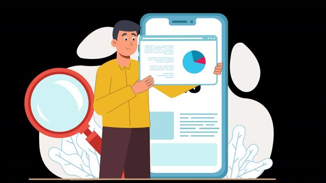Depict SEO processes through vector animation. Characters manage SEO tasks such as keyword targeting, on-page optimization, and backlinking in a modern and professional animation style.