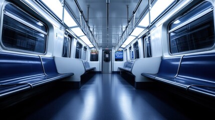 Obraz premium Empty train car with seating, overhead lighting, and side windows