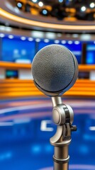 Microphone positioned on stage ready for an important broadcast at a modern news studio during evening news hours