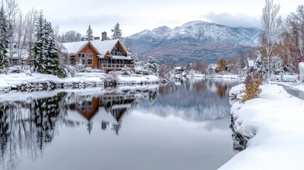 Obraz premium Snowy mountain lake cabin winter reflection