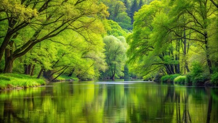 Fototapeta premium Serene forest landscape with lush green trees budding along the tranquil river bank surrounded by tall trees and dense foliage, New Growth, Lush Green Trees