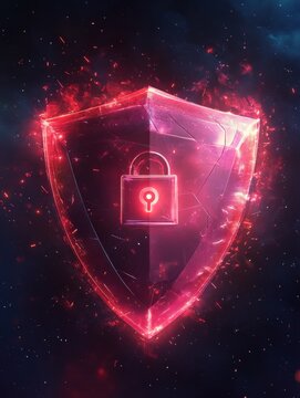 Digital security shield with lock, glowing particles on dark background.