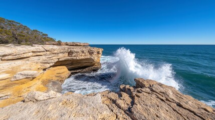 Coastal scene featuring a dramatic wave crashing against a rocky outcrop. Light beige and tan colored rocks form a natural arch or cave, with a